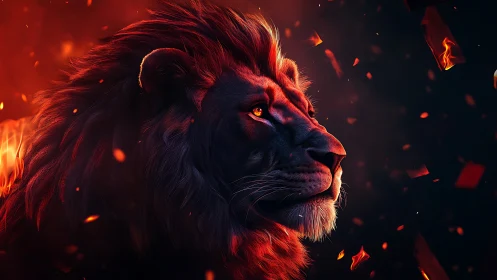 Volumetric firelit lion profile rendered in cinematic detail.