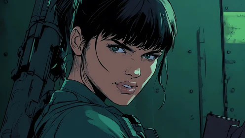 Steely eyed operative in teal-lit tactical corridor illustration.