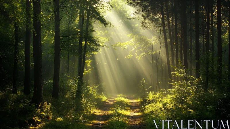 Sunbeams Filtering Through Lush Green Forest Path, Tranquil Mood.