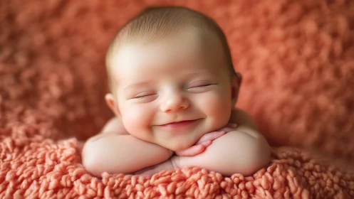 Smiling Newborn Portrait with Warm Peachy Textured Background.