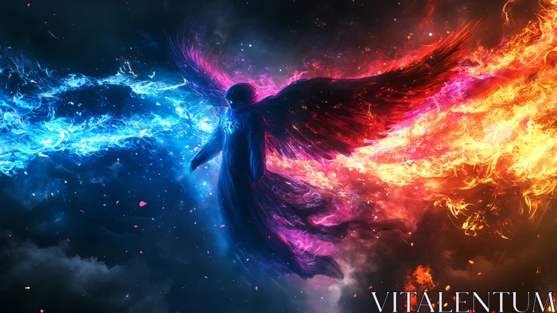 Winged guardian between fire and ice in glowing night sky.