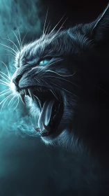 Spectral feline roar in dramatic cyan rim lighting.