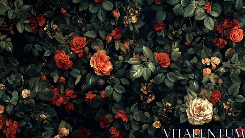 Dense Floral Composition with Orange and Red Roses Against Dark Foliage.