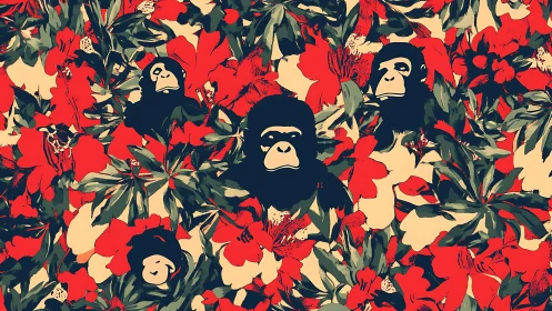 Pop art primate portraits embedded in dense floral camouflage.