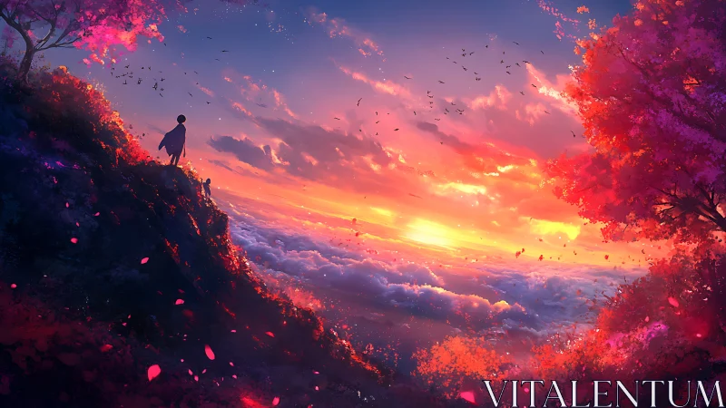 Backlit silhouette on cliff surveys luminous stratocumulus sunset