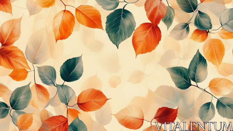 Autumn and teal leaves overlap on pale background in pattern