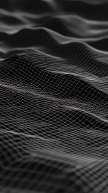Monochrome wireframe waves forming abstract 3D surface.