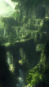 Vertiginous jungle megastructure of cascading stone tiers.