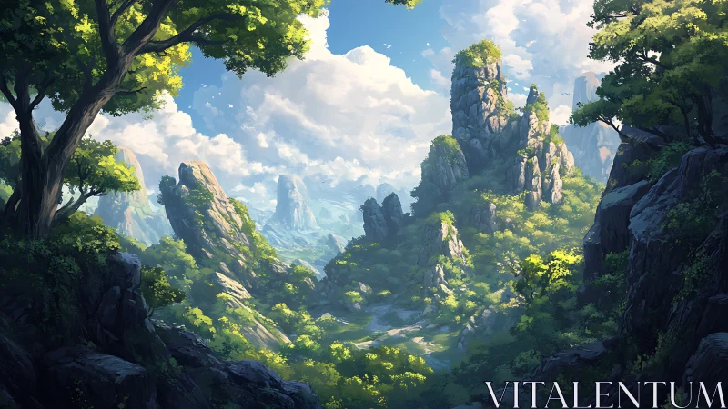 Sunlit mountain valley with towering stone spires and forest