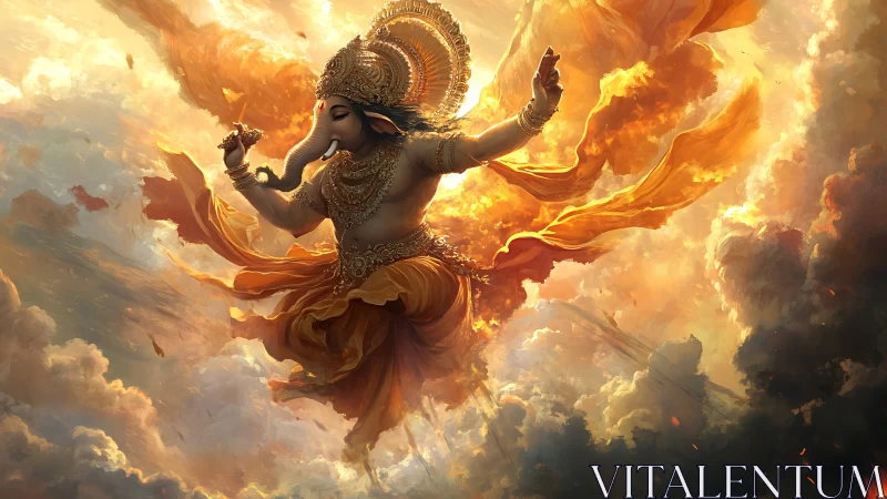 Radiant celestial dance of an elephant-headed deity in sky.