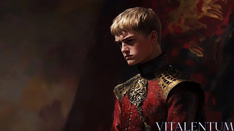 Brooding young noble gazes downward in rich crimson armor