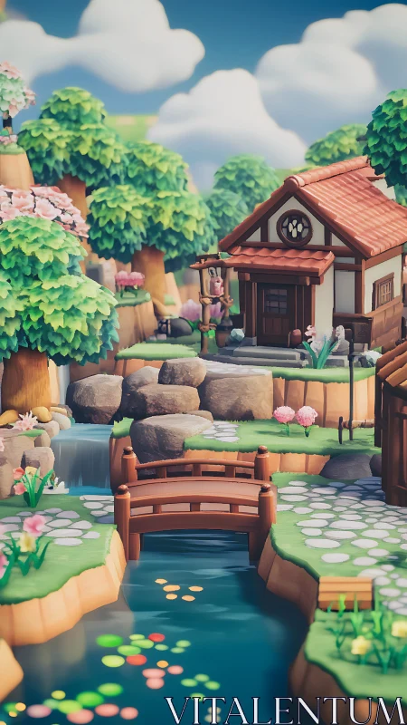 Stylized 3D riverside house with bridge, trees, and waterfall