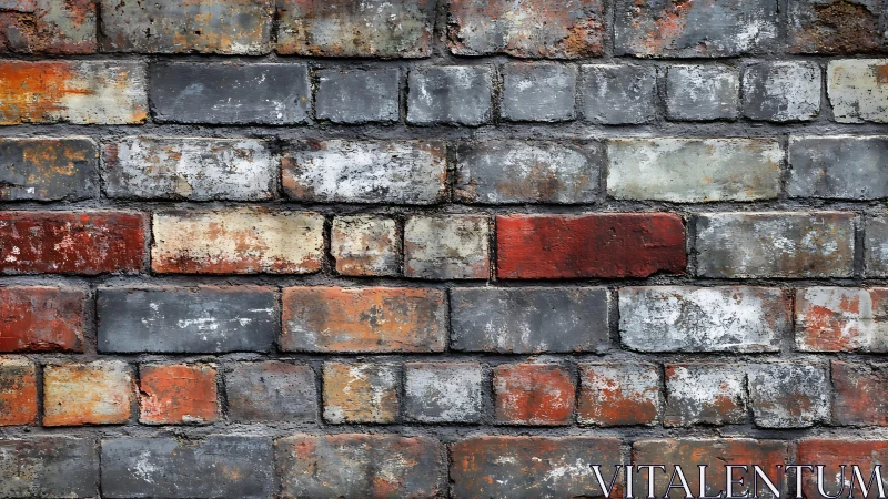 Weathered brick wall with multicolored tones in rustic style.