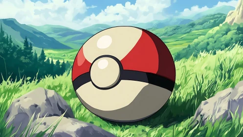 Spherical red and white capsule in sunlit grassy valley.