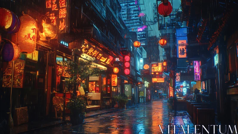 Rain-soaked neon alley with lantern-lit shopfronts at night.