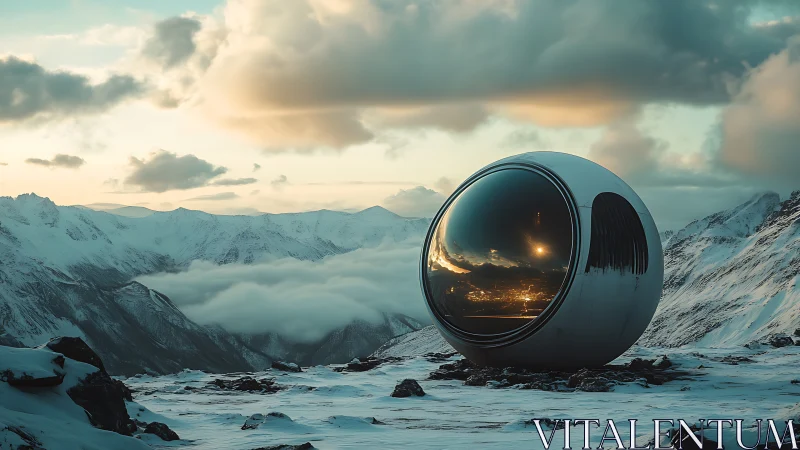 Futuristic observation pod reflects alpine city lights at dusk