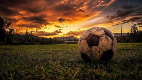 Low-angle sunset field with weathered football foregrounded.