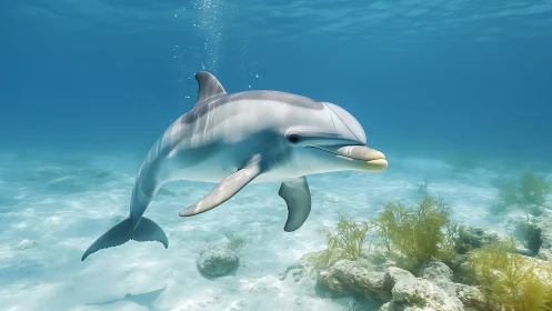 Playful reef dolphin gliding through sunlit turquoise hush.