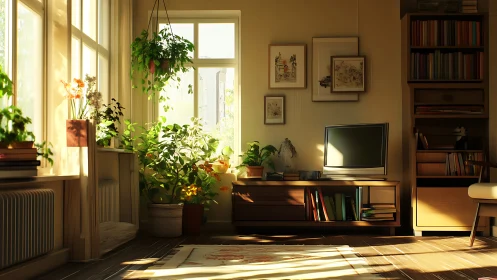 Sunlit botanical living room with mid-century furnishings.