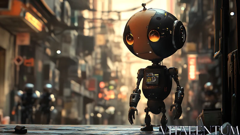 Spherical street-service robot in dense cybernetic alleyway.