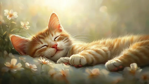 Sunlit ginger kitten rendered in soft-focus digital painting