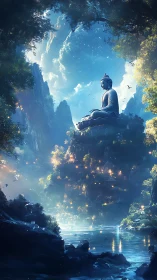 Starlit Buddha drifts above a river of lantern-bright dreams