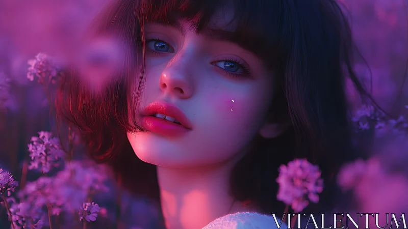 Soft twilight portrait in a dreamy lilac flower meadow.