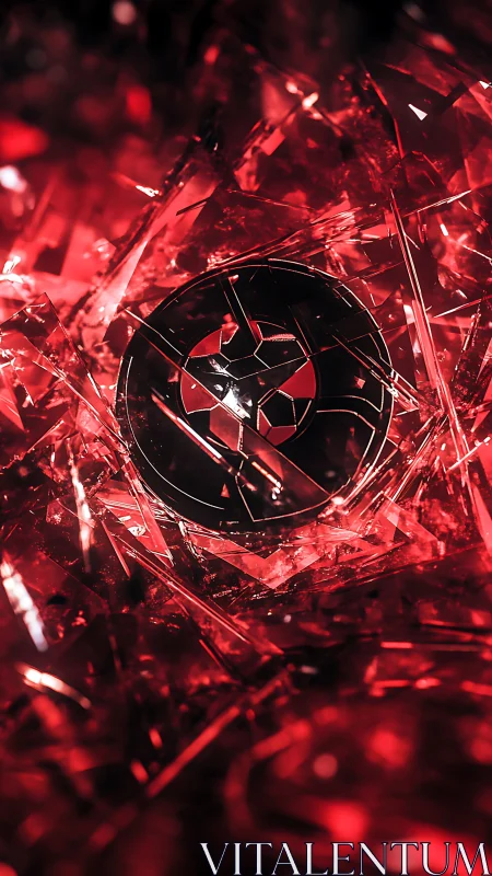 Shattered circular emblem within dense red crystal shards.