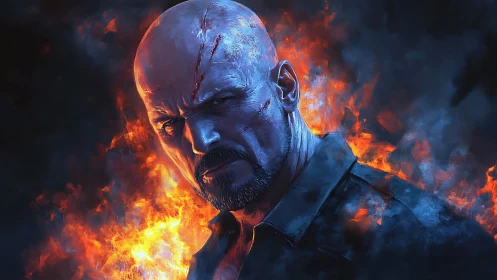 Fierce scarred hero framed by roaring painted flames.