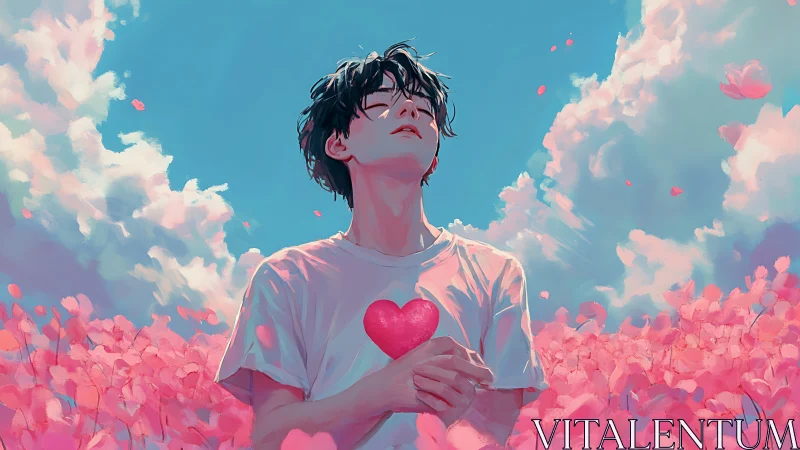 Young man holding glowing heart in pink flower field.