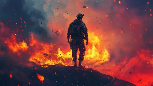 Solitary Warrior Standing Tall Amid Inferno and Flame.