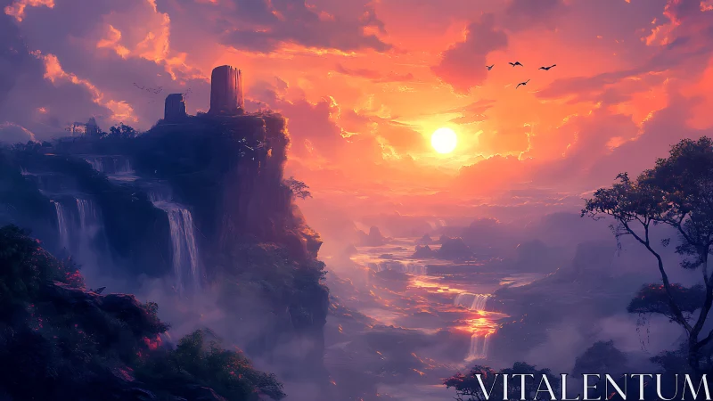 Sun-forged falls over misty cliffs in a dreamlit realm.