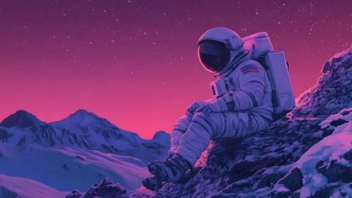 Starlit astronaut pauses on neon dusk alpine outcrop