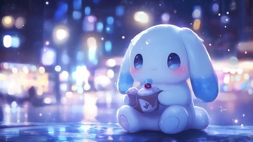 Chibi blue-eared bunny holding cupcake in nocturnal city bokeh