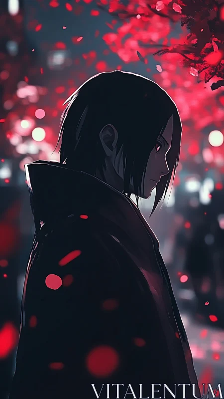 Side profile of hooded figure under red-lit tree at night