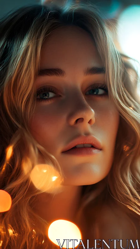 Softly glowing portrait framed by dreamy golden lights.