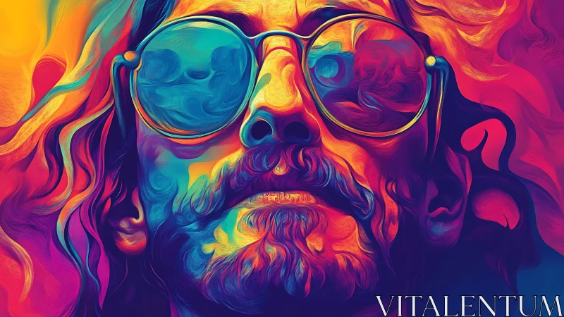Vibrant psychedelic portrait with reflective sunglasses glow.