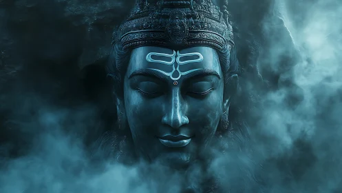 Digital blue-toned deity face emerges from surrounding mist