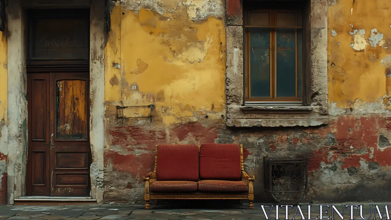 Weathered facade with wooden door, window and red sofa