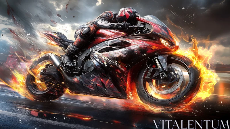 Motorcyclist rides blazing superbike through storm roadway