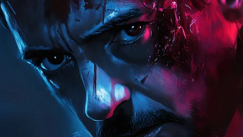Intense male portrait in cinematic red and blue lighting.