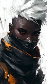 Storm-lit cyber rogue with stark white hair and mask.