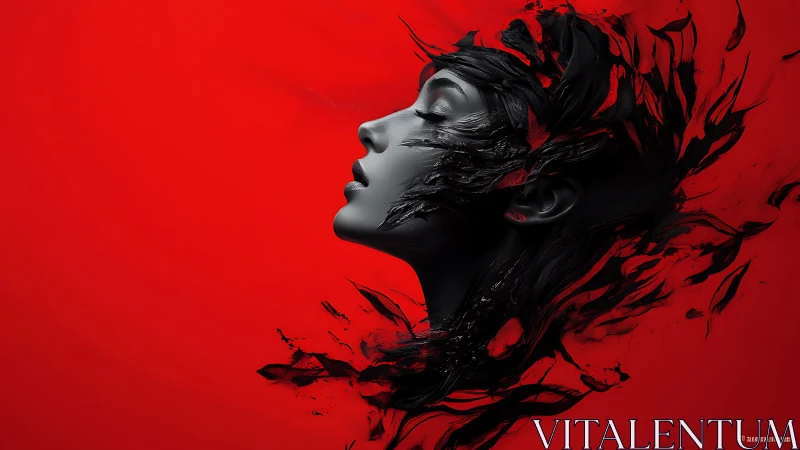 Quiet breath in crimson: portrait dissolving into wild ink.