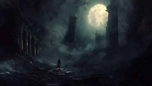Lone wanderer crossing moonlit ruins wrapped in mist.