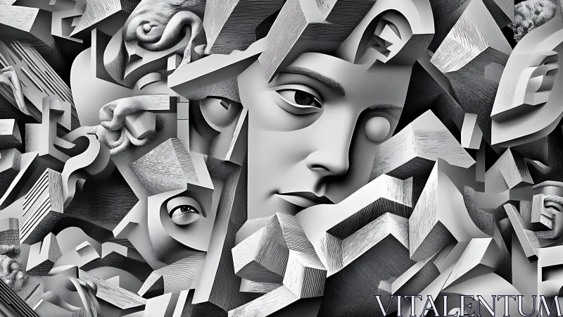 Fragmented grayscale face is integrated with angular geometric forms