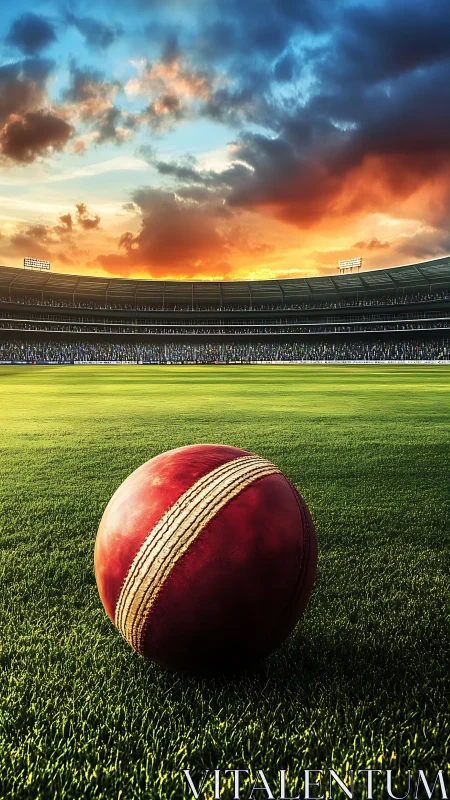 Sunlit cricket ball on textured outfield under storm front.