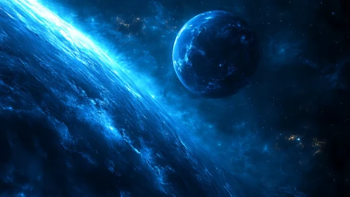 Bioluminescent exoplanet horizon with distant illuminated moon