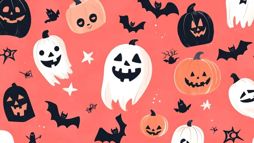 Playful Halloween ghosts, pumpkins and bats on coral background.
