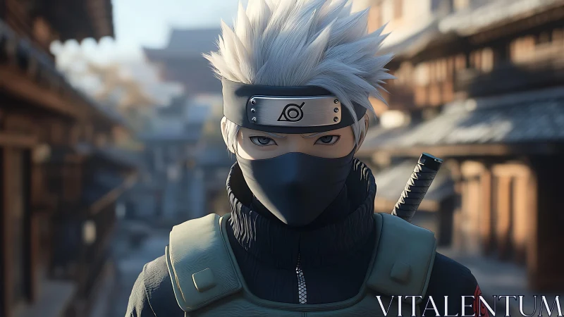 Masked silver haired ninja in village street scene.