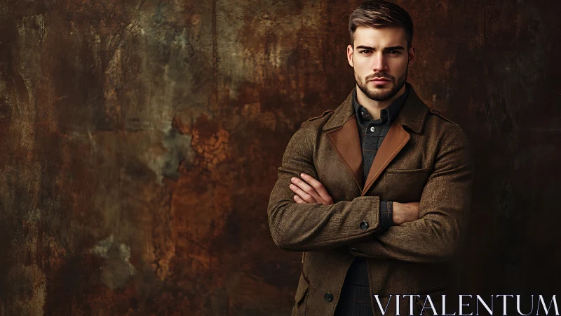 Crisp autumn coat turns a moody wall into quiet drama